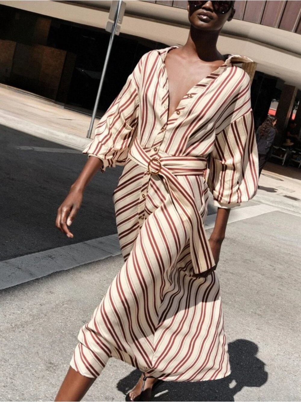 New Tags Zara Maroon Red and White Striped Belted Midi Dress Size S
